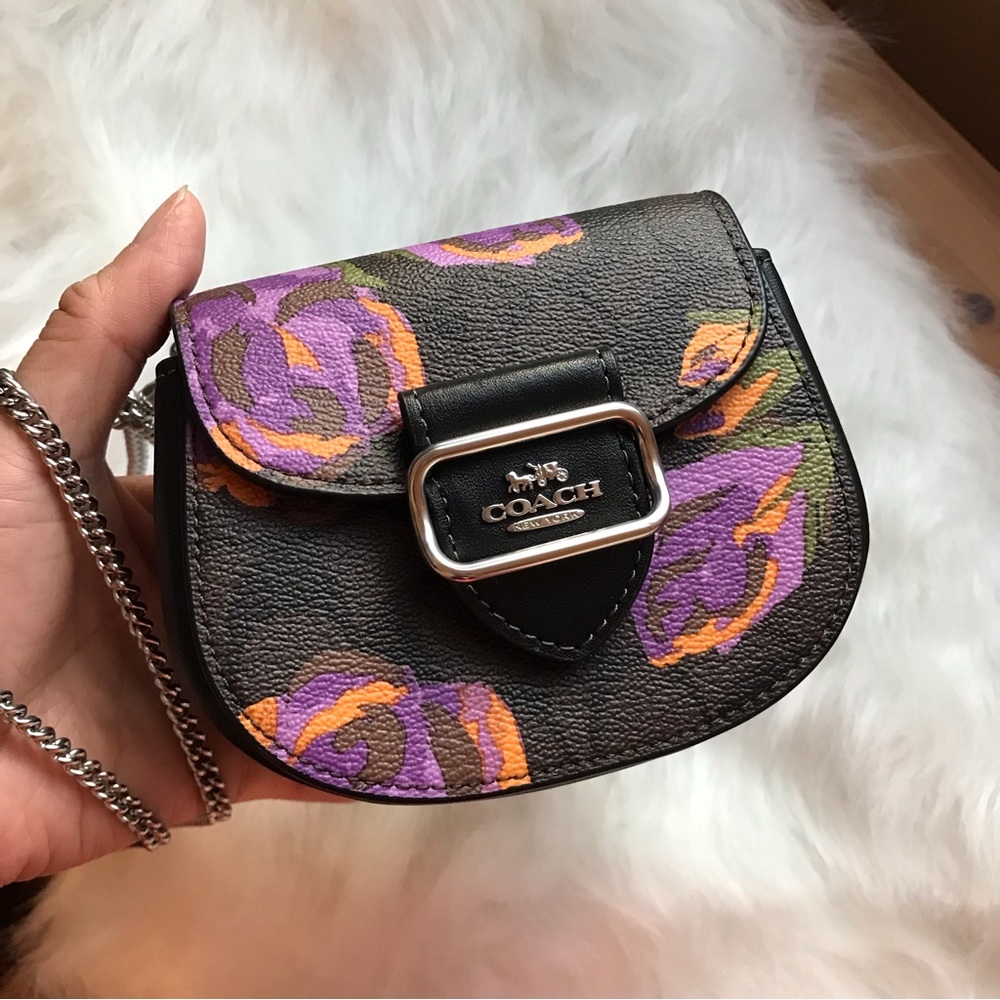 🌸 Coach Morgan Card Case On A Chain In Signature Canvas With Rose Print - Picture 7 of 11